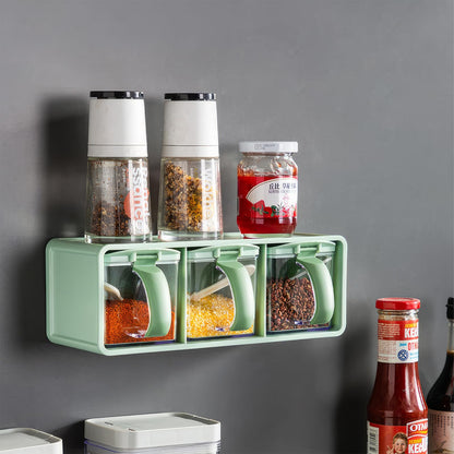 Meterga 3-Grids Seasoning Box with Tray, Salt Container, Hanging Wall Spice Rack, Kitchen Spice Pot with Spoon, Salt Pepper Sugar Storage Container Jar Cruet for Counter, Green