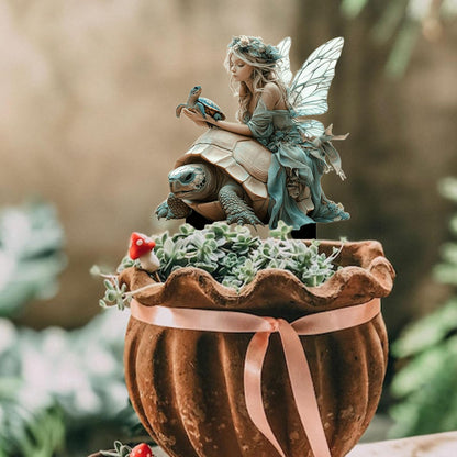 ANNUOZE Fairy Garden Stake Decor, 2D Flat Acrylic Fairy Garden Decor Panel, Elf Yard Sign for Outdoor Indoor Yard Lawn Plants Pots, Fairy Garden Accessories (Fairy and Turtle)
