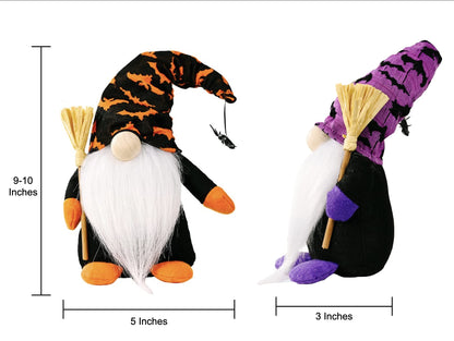 Halloween Gnome 2-Pack – Handmade Orange & Purple Figures with Wooden Broom – 10 Inch Tall Funny Halloween Decoration for Home by Cool Bean Inc