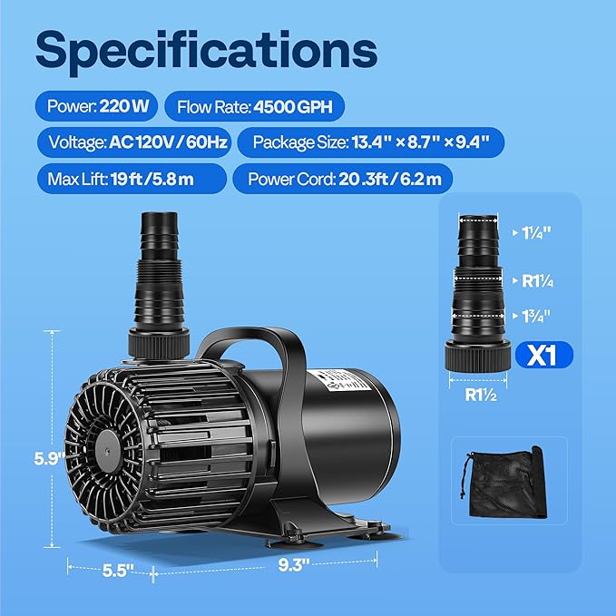VIVOHOME Electric 220W 4500GPH Submersible Water Pump for Koi Pond Pool Waterfall Fountains Fish Tank and Aquarium