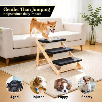 BRIKY 19.5" H Dog Stairs for Small Dogs, Non-Silp Wooden Dog Steps for Bed and Couch, Foldable 3-Step Pet Stairs for Medium Dogs and Old Cats, No Assembly Required