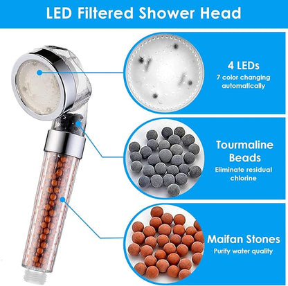 Vacto LED Handheld Shower Head Set with Filtration, Automatic 7-color Changing Shower Head Kit, High Pressure Handheld Shower Head with Hose and Bracket, Water Saving Showerheads with Filtration Beads