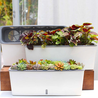 TAICHEUT 17 x 4.7 Inch Self Watering Planter, Large Rectangular Planter with Drainage Holes, White Window Sill Planter with Modern Decorative for Indoor Plants, Outdoor Plants, Garden Succulents