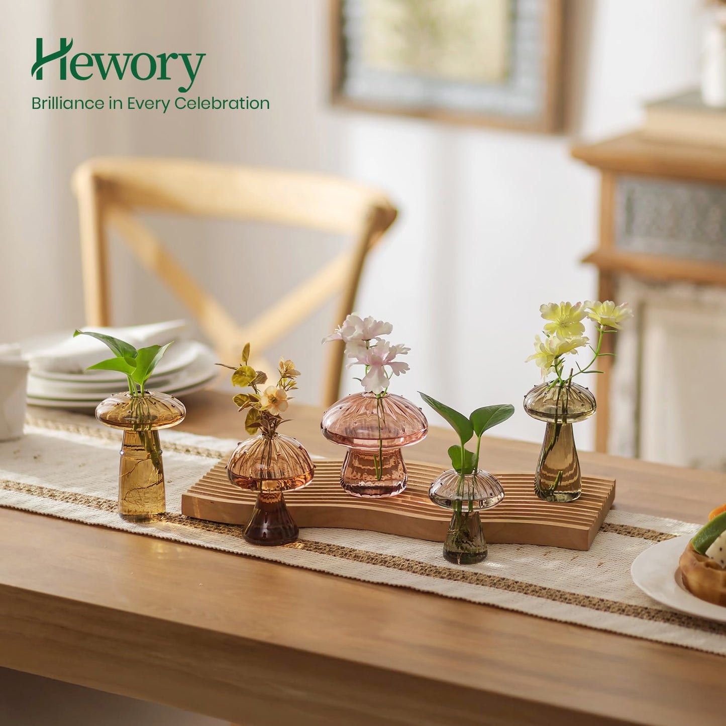 Hewory Glass Mushroom Propagation Stations: Set of 5 Unique Propagation Jars Glass Planter for Indoor Plants Home Decor - Amber Mushroom Vase Christmas Birthday Gifts for Plant Lovers Women Girls
