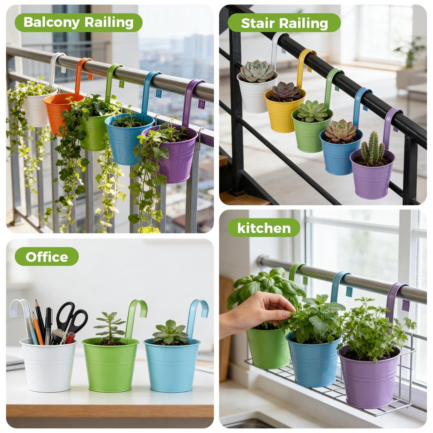 12 Pack Balcony Planters Railing Hanging, Colorful Railing Planter 4 Inches Small Hanging Plant Holder Indoor/Outdoor