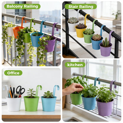 12 Pack Balcony Planters Railing Hanging, Colorful Railing Planter 4 Inches Small Hanging Plant Holder Indoor/Outdoor