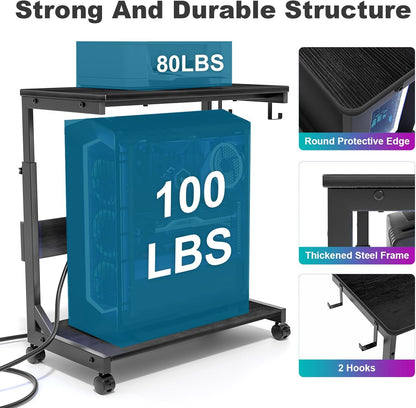 Height Adjustable Computer Tower Stand with Charge Station and USB Charging Port, 2-Tier ATX-Case Cart, Under Desk Mobile PC Stand, CPU Holder Cart with Locking Caster Wheels for Fits Most PC