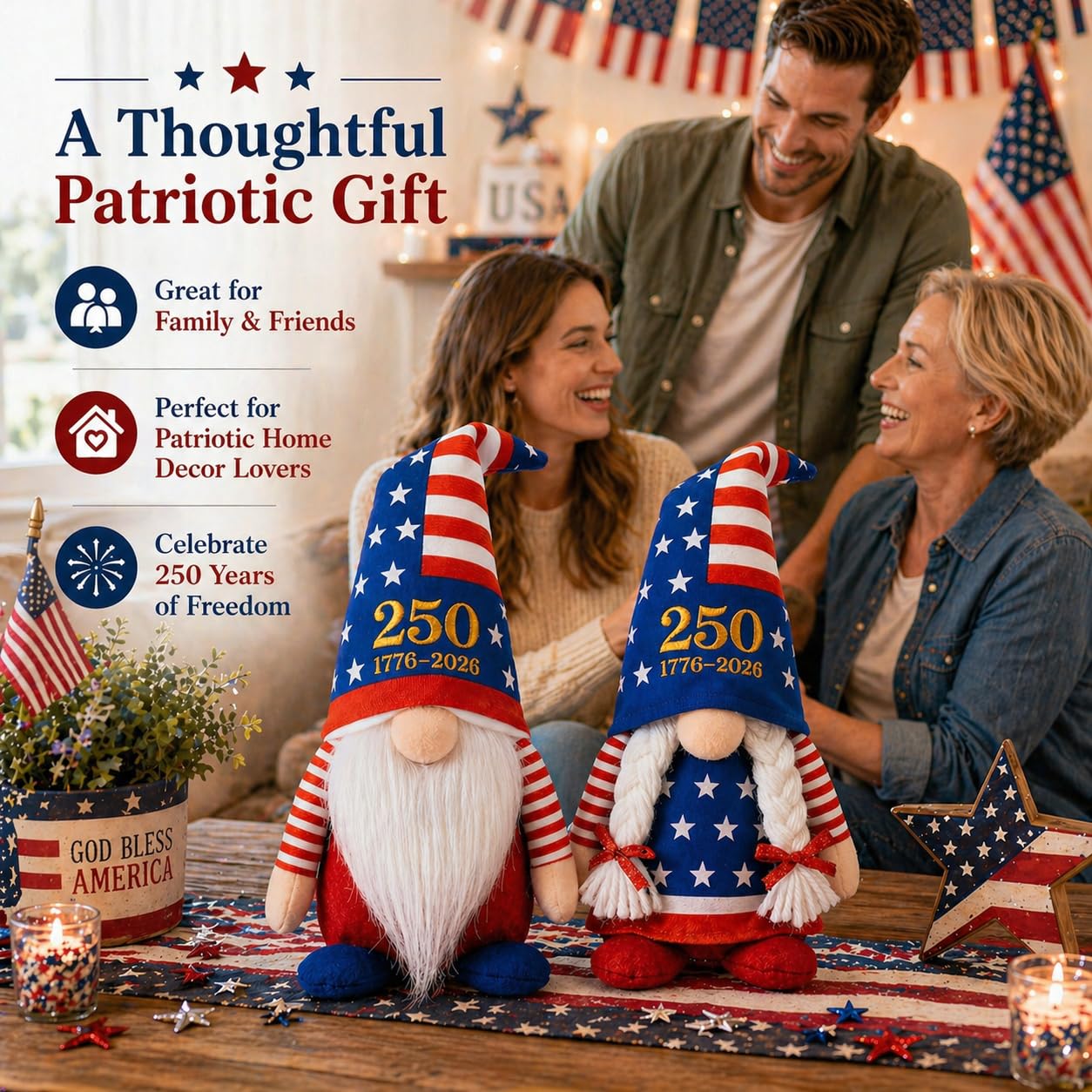 LEKSON 4th of July Decorations Patriotic Gnomes, 250 Anniversary USA Merchandise, Red White and Blue Independence Day Home Table Decor, 1776-2026 Indoor American Gnome Set of 2