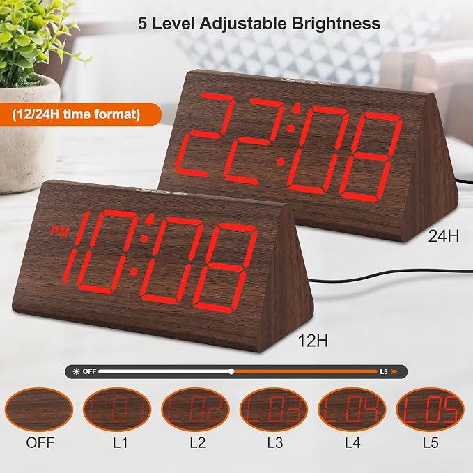 DreamSky Wooden Digital Alarm Clock for Bedrooms with Large Numbers | Electric Desk Clock, USB Port, Loud Alarm for Heavy Sleepers, Adjustable Volume, Dimmer, DST, Wood Décor Gifts, Plug in Clock