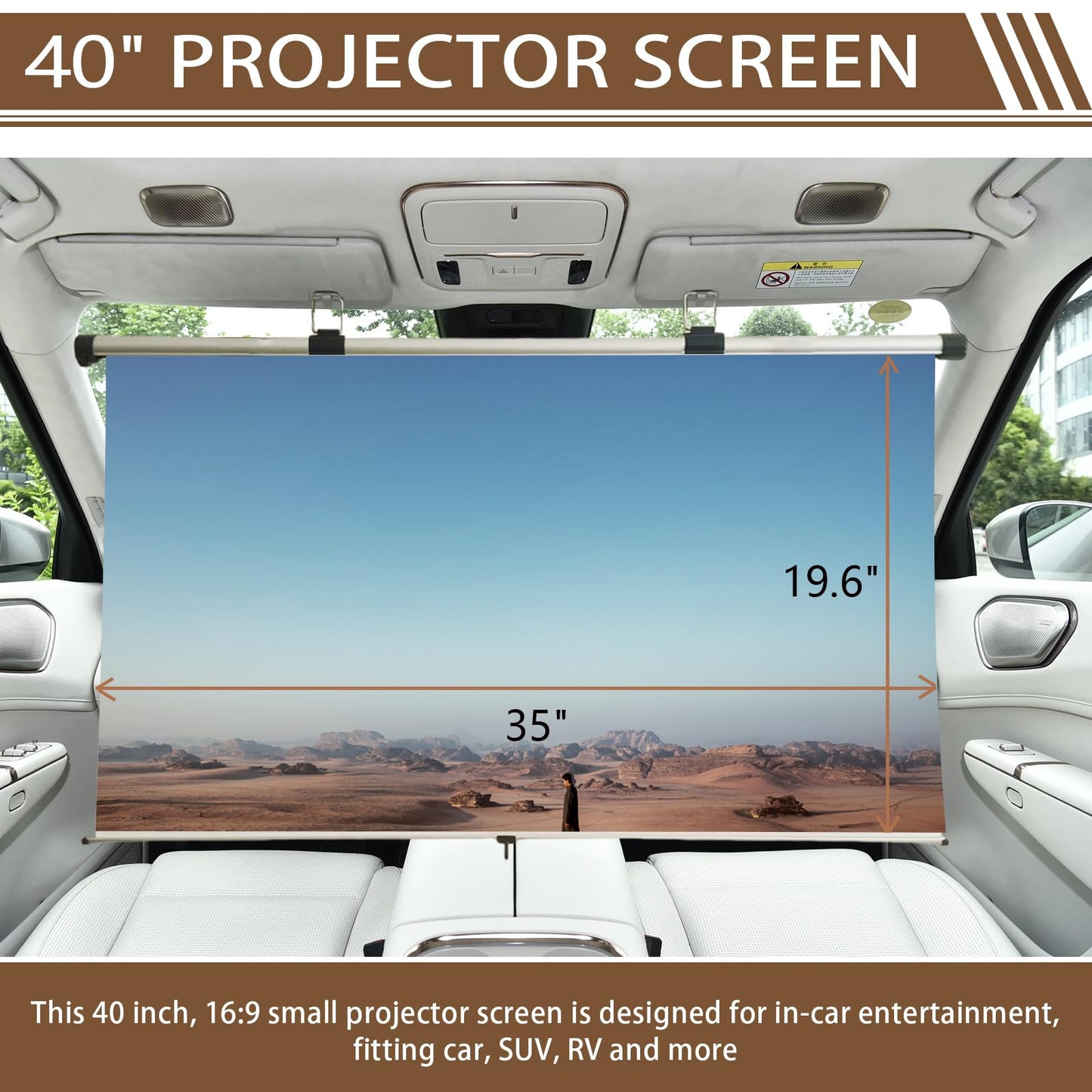 Portable Projector Screen for Car, 40 inch 16:9, Pull Down and Auto Rolling, Foldable and Small, Retractable Projection Screen Mini, 4K HD Screen for Car, SUV, RV and More (One-Click Auto Rolling)