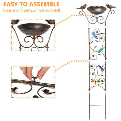 SUNNYPARK Bird Bath with Trellis Outdoor, Antique Garden Iron Plant Trellis with Decorative Dragonfly Detachable Bird Bath Bowl Metal Potted Plant Support for Climbing Flowers