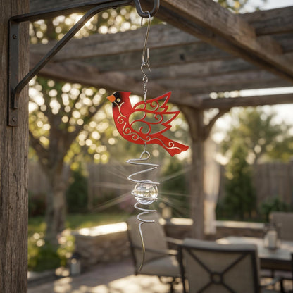 Topadorn Cardinal Wind Spinner with Crystal Glass Ball, 18" Metal Hanging Bird Spinner for Garden, Patio, Porch & Memorial Outdoor Decor