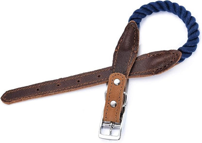 Mile High Life Genuine Leather Dog Collar, Durable Braided Cotton Rope Collar with Metal Pin Buckle for Small Medium Large Dogs (Navy Blue, L Neck 17"-21")