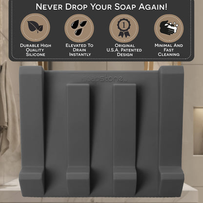 iSoapStone Silicone Soap Dish (USA Patented) Self Draining Bar Soap Holder for Shower Bathroom Sink, Drying Soap Dish Tray Kitchen Sponge Holder Easy Cleaning Soap Saver Mat (Dark Grey, 1)