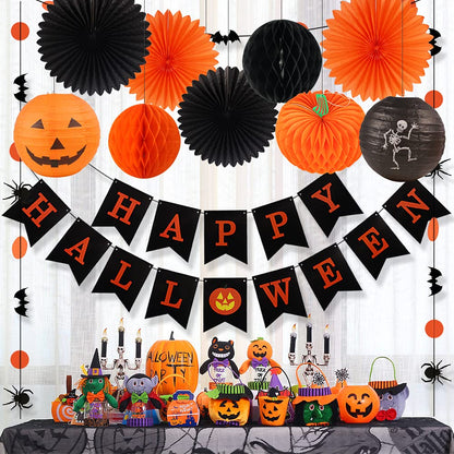 Halloween Party Decorations, Happy Halloween Banner Hanging Skeleton Jack-O'-Lantern Pumpkin Honeycomb for Birthday Party Home Decor Party Supplies Props (Orange, Black)