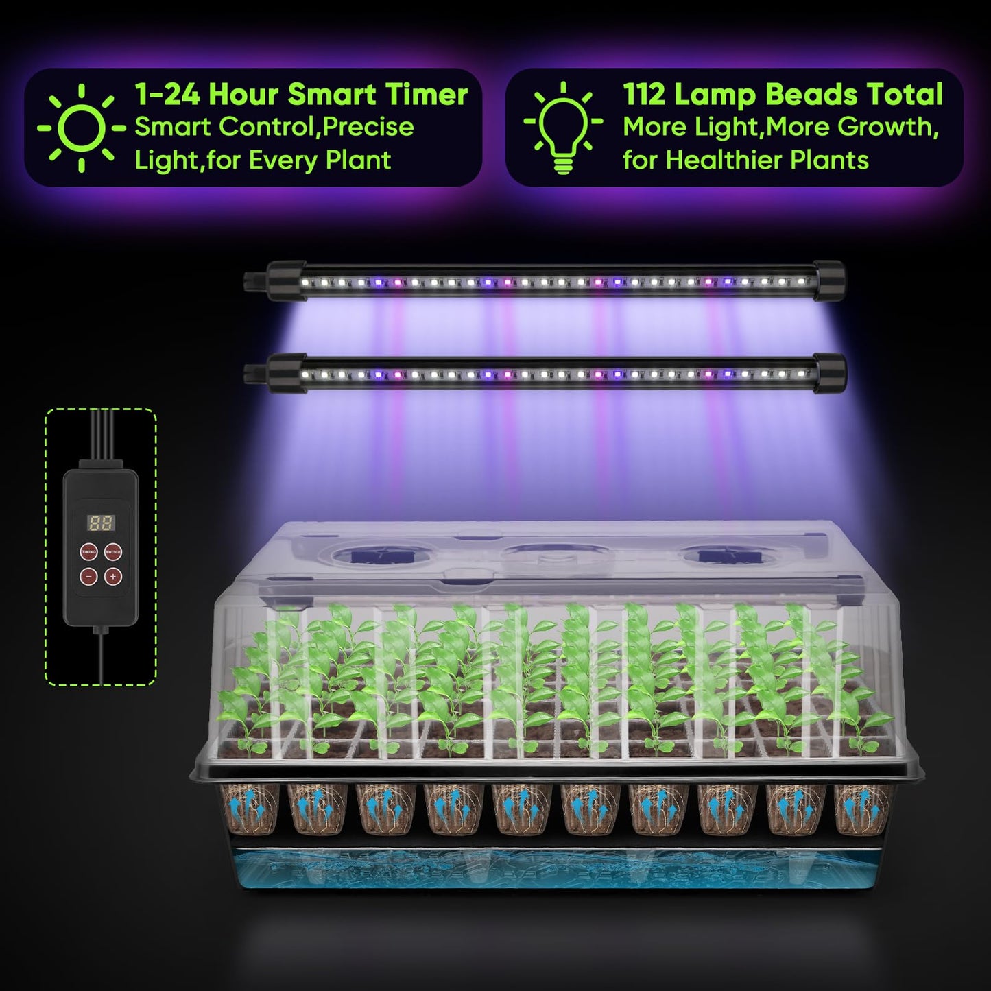 BlumWay 120-Cell Self-Watering Seed Starter Tray with Grow Light, 1-24H Timer, Seed Starter Kit with 4.02" Humidity Dome, Seedling Tray for Indoor Plant Starter, Plant Germination Trays-Black
