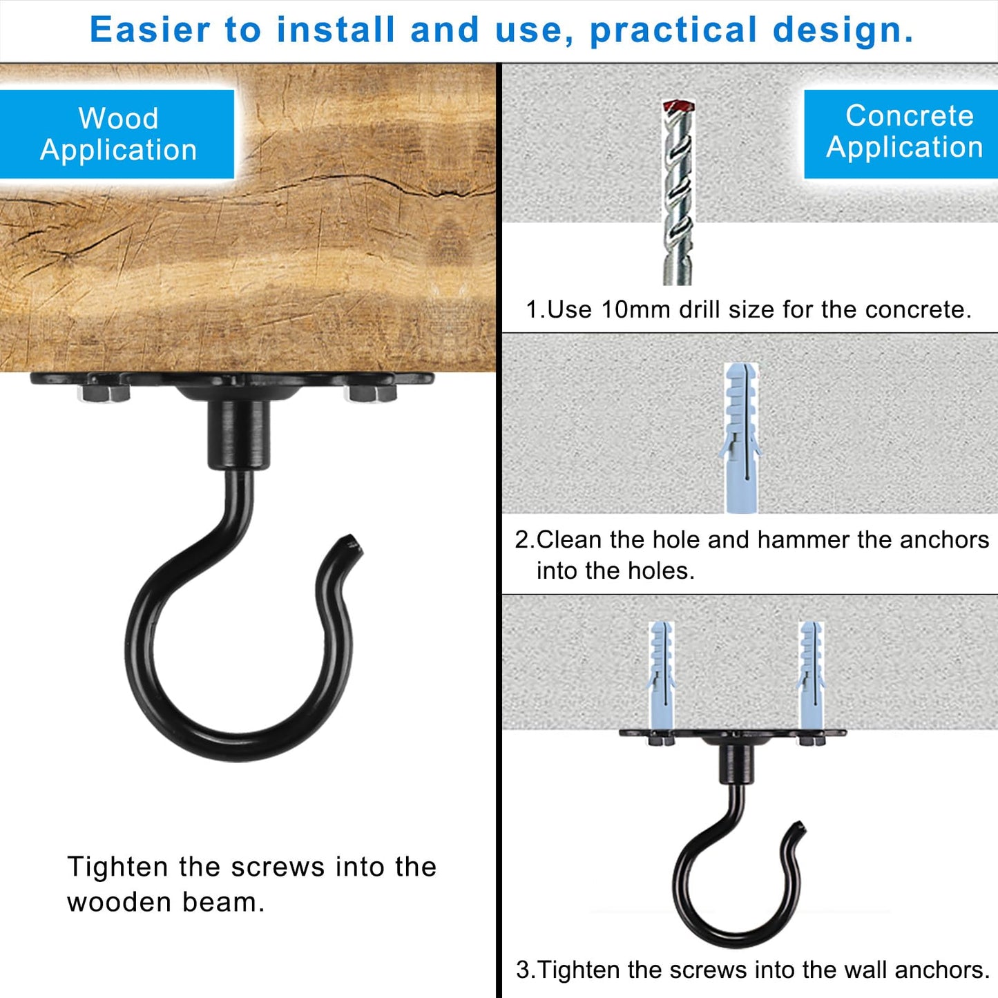 Dolibest Wall Mount Ceiling Hooks, Plant Hooks for Ceiling, Metal Plant Bracket Iron Wall Mount Lanterns Hangers Hooks for Hanging Plants Lights, Outdoor Wire, Fairy Lights, Wind Chimes, Black (4PCS)
