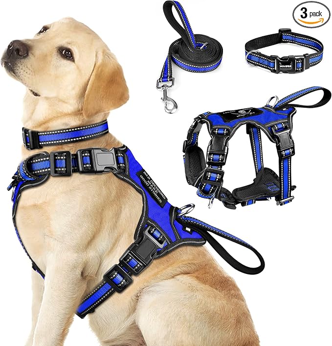 WINSEE Pet Harness Collar and Leash Set, All-in-one Reflective Dog Harness No Pull with Adjustable Buckles for Puppies, Small, Medium, Large, and Extra-Large Dogs (Large, Dark Blue)