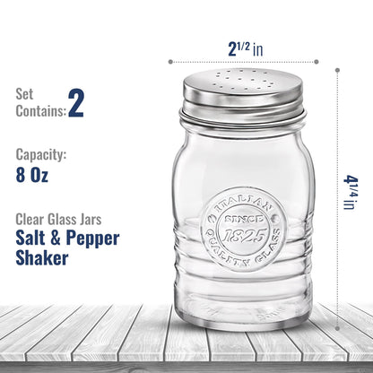 Bormioli Rocco Officina 1825 Salt & Pepper Jars Set of 2-8 Oz. Ribbed Glass Containers with Airtight Metal Lids for Seasoning, Cooking & Dining Table Use - Italian Glass Storage Design