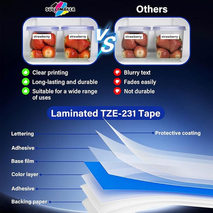 TZE-231 Label Maker Tape 12mm 0.47 Laminated Black on White 1/2" x 8m Replacement for Ptouch TZ TZE TZE231 Label Tape Cassette for PT-D220 PTD220 D220 PT-D210 PTD210 PT-H110 PT-D200 PT-D410 (10 Pack)