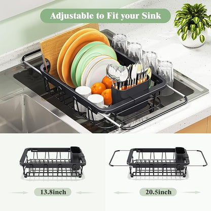 Urackify Expandable Dish Drying Rack Over The Sink, Adjustable Dish Rack in Sink, Rustproof Dish Drainer for Kitchen Counter, Dish Strainer with Utensil Holder (Black, Standard)