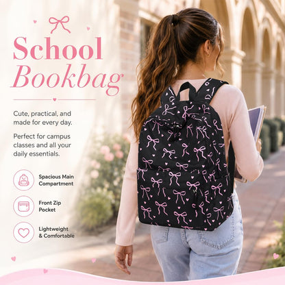 LOIDOU Backpack for Teen Girls Bookbags School Backpack with Lunch Box and Pencil Case 3 in 1 School Bags Set (Black Bow-Tie)