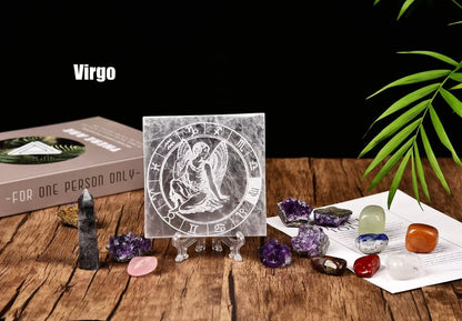 AMOYSTONE Selenite Crystal Charging Plate for Healing Crystal Stone Selenite Pieces Square Slab Etched Virgo 4" with Stand