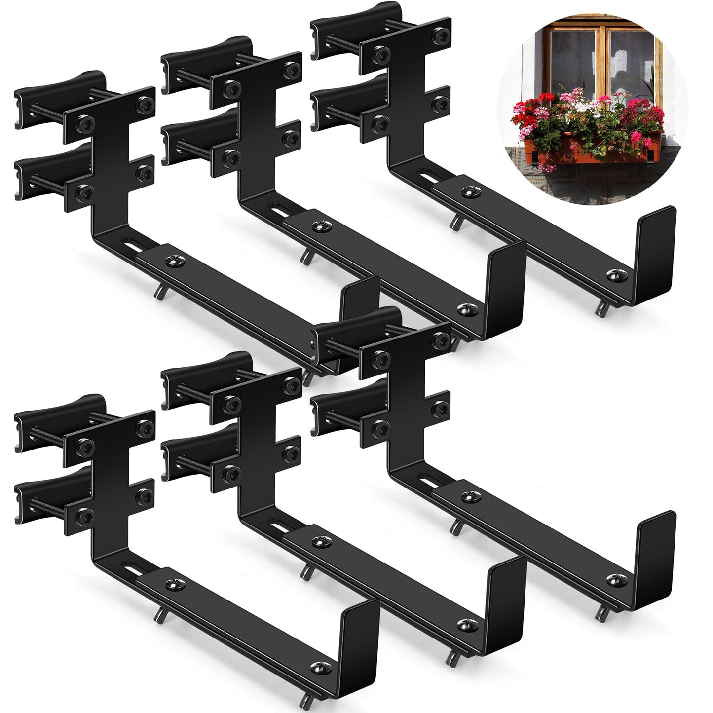 MorningRo 6 Pcs Window Box Brackets, Adjustable Heavy Duty Deck Railing Planter Box Brackets, Outdoor Flower Holder for Patio Garden Fence Balcony