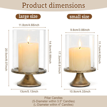 Set of 2 Hurricane Candle Holder Set with Glass Dome & Iron Base – Elegant Decorative Pillar Candle Holders for Living Room, Dining Room & Bedroom Centerpiece - Ideal Home Décor