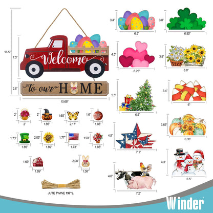 Winder 20Pcs Interchangeable Welcome Sign for Front Door,Seasonal Red Truck Decor Hanging Sign for Valentines,Easter, Independence Day,Halloween,Christmas Home Decor,Housewarming Gift