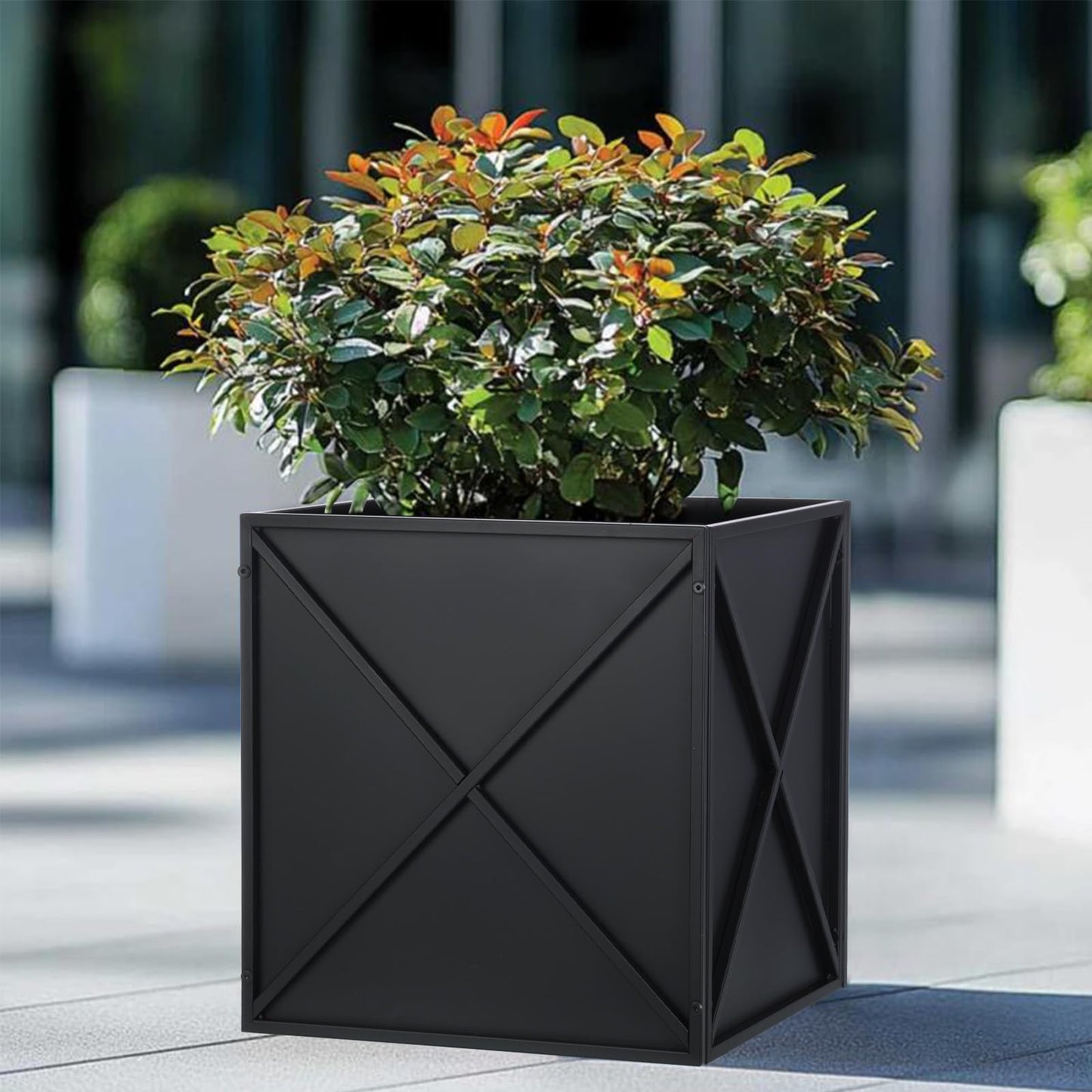 BAYN Metal Square Planter Box Tall Planters for Outdoor Plants Modern Heavy Duty with Drainage Holes for Outside Indoor Patio Deck - Black, 17”x 17”x 18”