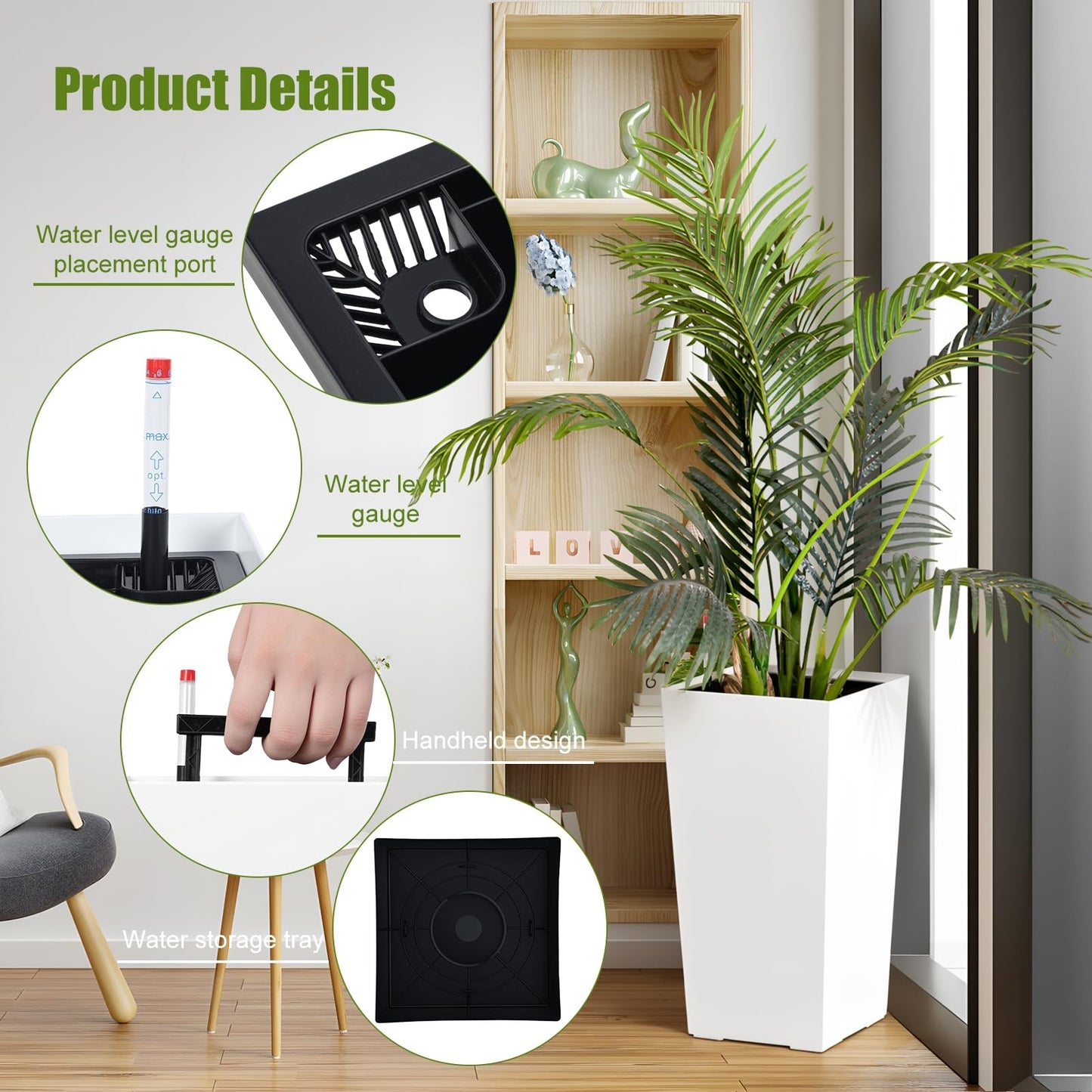 hatleues Resin Tall Planters Set of 2 Tall Flower Pot for Outdoor Indoor Plants, Flower Pots with Water Level Window & Drainage Tray, Dual-Buckle Design for Porch, Balcony, Deck,Modern Decor Black 2