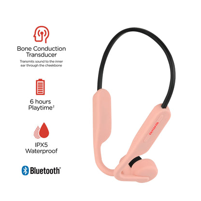 Aiwa Bone Conducting Wireless Headphones - Open-Ear Wireless Bluetooth 5.0 Sports Headphones, 6 Hours Playtime, IPX5 Waterproof Earphones for Gym, Running, Hiking, and Cycling, Pink