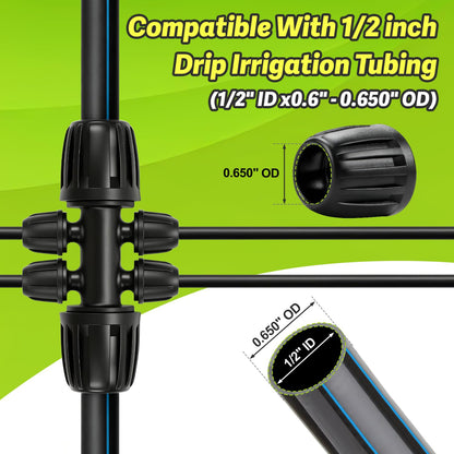 Copadri 12 Pcs 1/2 Inch To 1/4 Inch Irrigation Tubing Fittings, 1/2"(1/2" ID x 0.65" OD) To 1/4" Drip Barbed Tee Adapter 16mm Anti-Drop Locked Nut T Reducer To 1/4" Distribution Line Connector