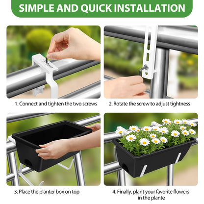 OYEAL Railing Planter Box Outdoor 4 Pack Hanging Balcony Planters 17 Inch Window Boxes Planter with Adjustable Brackets Plastic Flower Pots for Garden Deck Porch Railing Balcony Fence, Black & White