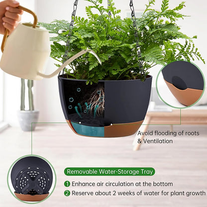 Kvetto Set of 2 Hanging Planters for Indoor Outdoor Plants, 8 Inch Self-Watering Hanging Flower Pots with Drainage Hole & Removable Water-Storage Tray (Hooks)