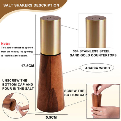 Salt and Pepper Grinder Set, Acacia Wooden Pepper Grinder with Adjustable Coarseness, Refillable Ceramic Blade Grind,Gold Pepper Mill for Kitchen (7.5IN- Acacia Wood-Base)