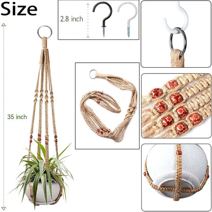 Macrame Plant Hanger 3 Pack Ceiling Plant Hanger 35'' Brown Hanging Planter Holder Boho Handmade Plant Jute Rope with 6 Hooks and Beads for Indoor Outdoor Home Balcony Decor, Fit Max 12'' Flower Pot