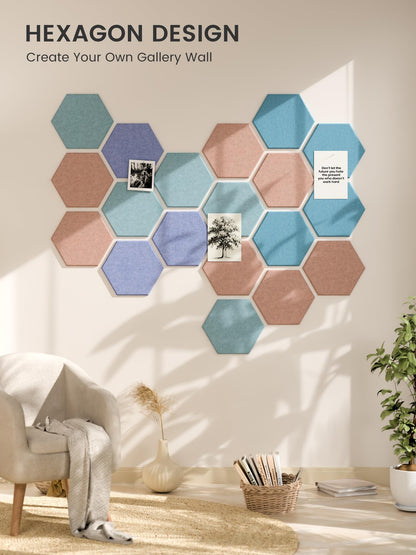 Fluxynara Hexagon Cork Board Alternative for Walls Decor-12-Pack Felt Bulletin Board Tiles,with 30 Pushpins,70 Adhesive Tabs for Office,Classrooms & Home Pin Board Felt Board-Coastal Haze
