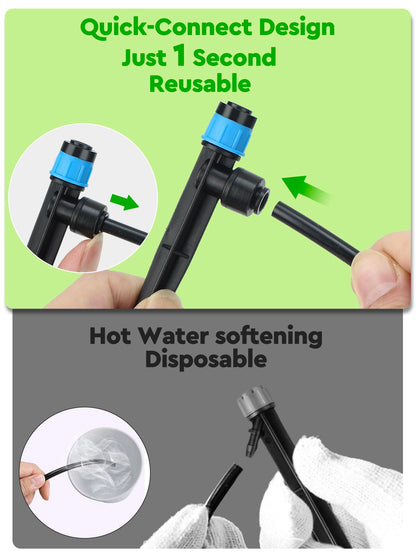 Landtouch 72Pack Drip Irrigation Parts, Quick Connect 1/4" Adjustable 360° Emitter Sprinklers with 6" Stake, Easy-Clean for Garden & Farm Irrigation Systems