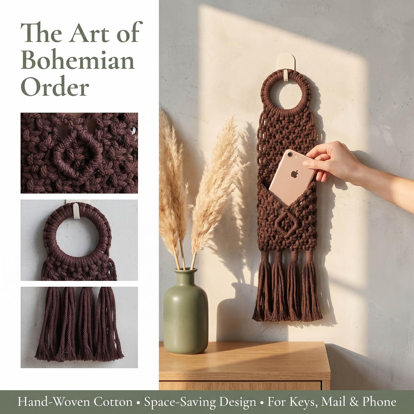 Macravine 2-Pack Boho Phone Hanger on wall, Macrame Remote Control Hanging, Chic Home Decoration Crochet Hanging Organizer, Boho Key Holder 18"X3.5"(Brown+Beige)