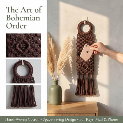 Macravine 2-Pack Boho Phone Hanger on wall, Macrame Remote Control Hanging, Chic Home Decoration Crochet Hanging Organizer, Boho Key Holder 18"X3.5"(Brown+Beige)