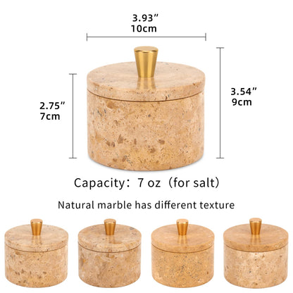 Stonemanus Marble Salt Cellar with Lid, 4 inch Natural Stone Salt Pepper Box, Alloy Lid for Kitchen Countertop Storage (Mud yellow, 4 * 3.5)