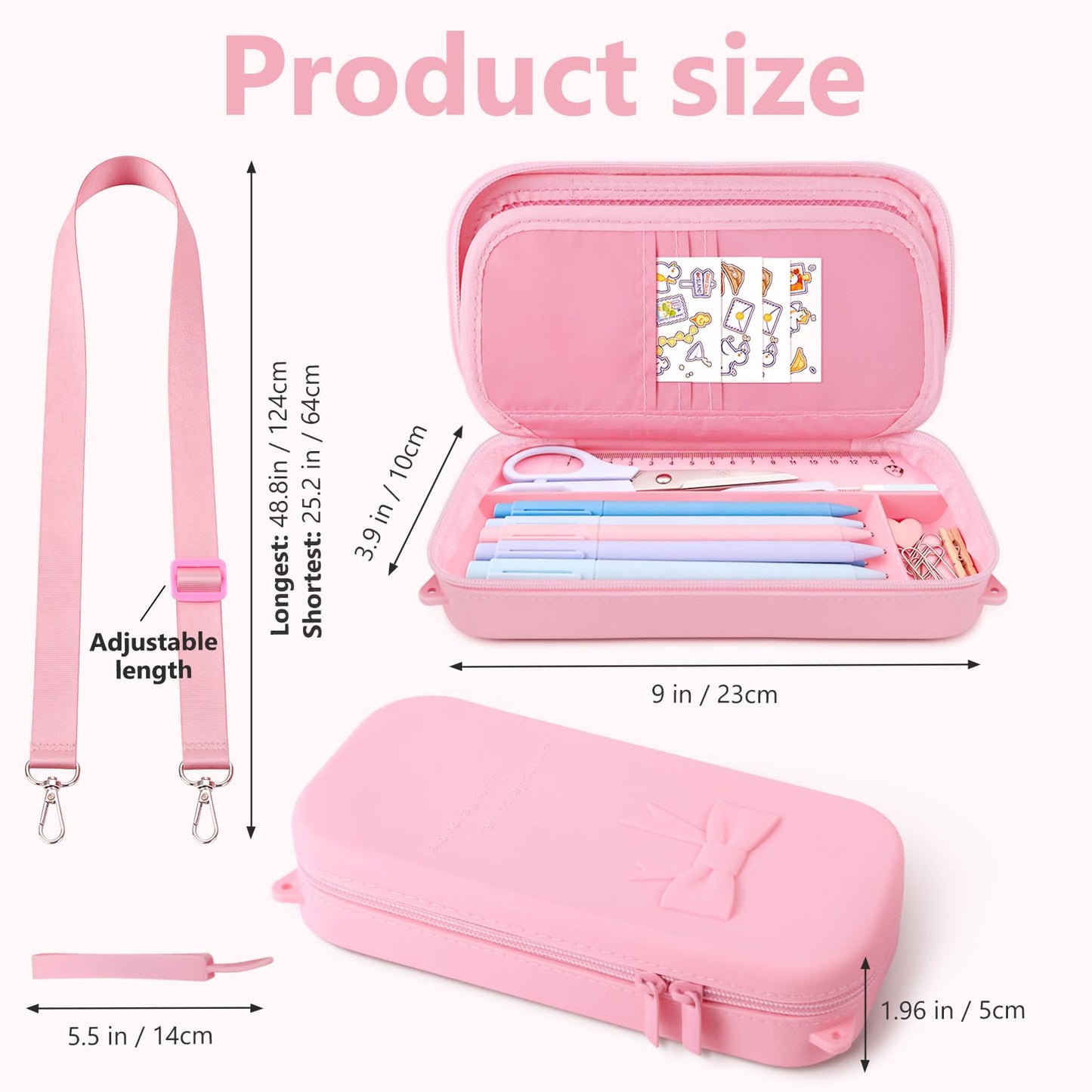 SEEZIZI Soft Silicone Bow Pencil Case, Large Capacity Aesthetic Pen Pouch Organizer with Handle & Strap,Big Pencil Bag for Girls Women, Kawaii School College Travel Supplies - Pink