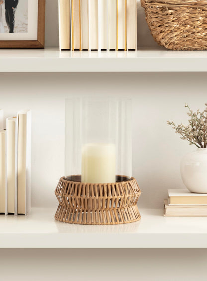 Kate and Laurel Rashana Modern Boho Rattan Pillar Candle Holder, 8 x 8 x 11, Natural, Coastal Hurricane Candle Holder with Glass Cylinder for Living Room Decor