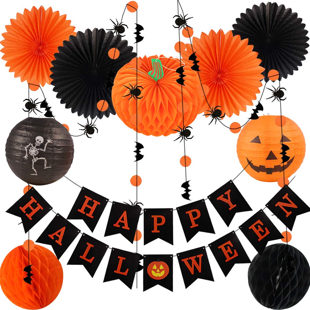 Halloween Party Decorations, Happy Halloween Banner Hanging Skeleton Jack-O'-Lantern Pumpkin Honeycomb for Birthday Party Home Decor Party Supplies Props (Orange, Black)