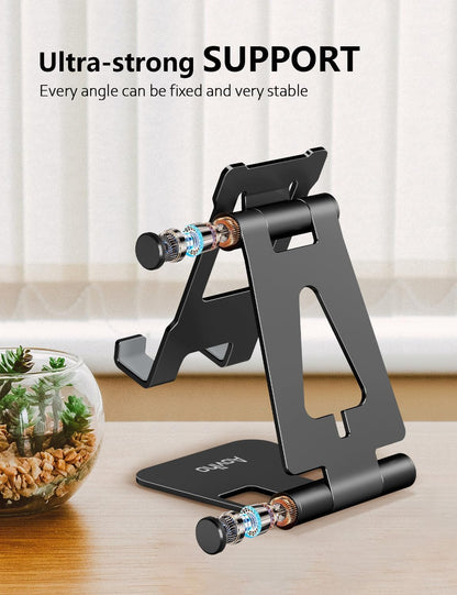 Aoviho Cell Phone Stand for Desk, Adjustable Desktop Phone Holder Stand, Foldable Moblie Phone Dock for iPhone 15 14 13 12 11 Pro Xs Max Xr X 8 7 6 5 5s SE Nintendo Switch All Phones, Black