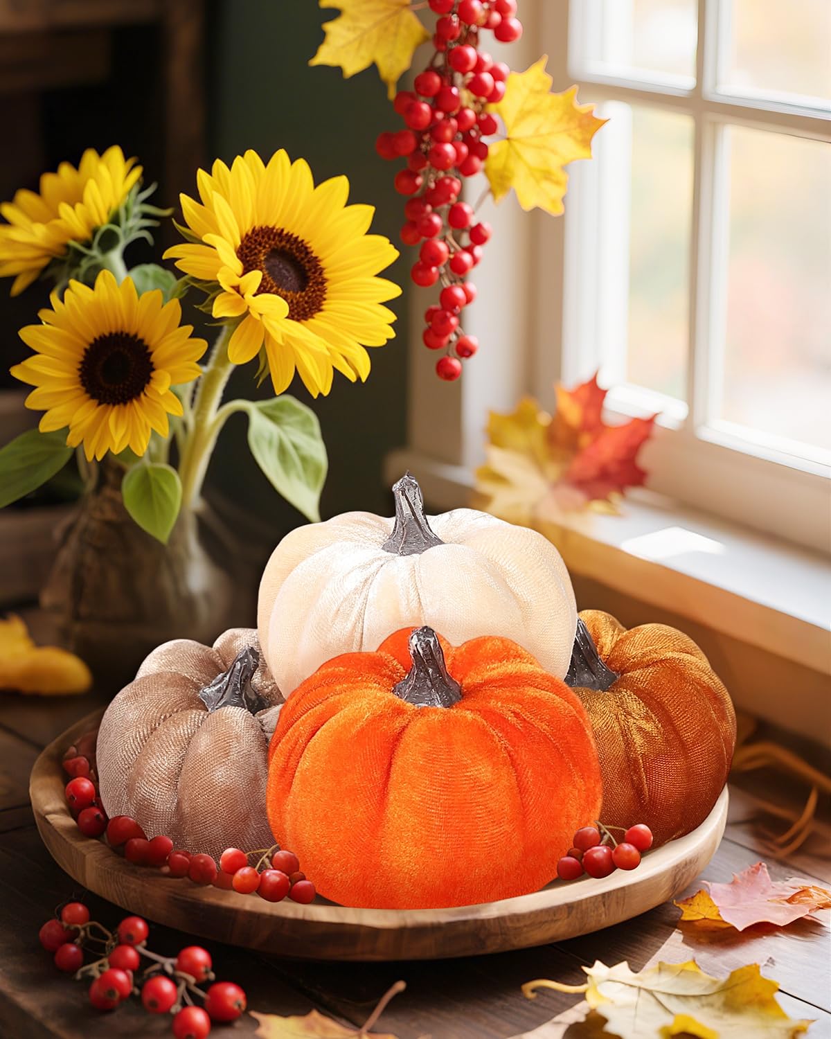 Coferset 4pcs Velvet Pumpkins Decor Set, Artificial Fall Pumpkin Decor for Halloween Thanksgiving Harvest Table Centerpieces(Orange Gold Coffee Beige)