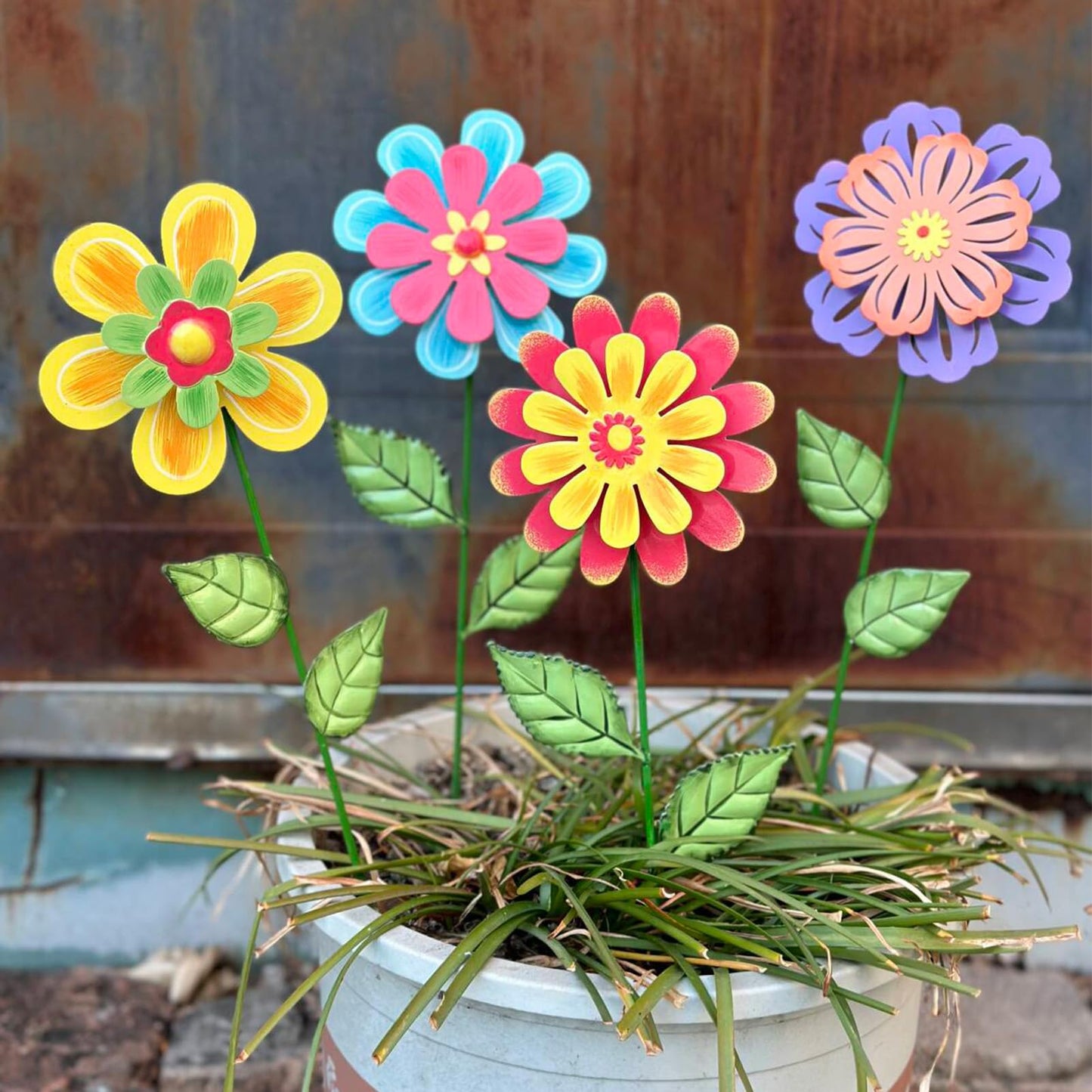 HUTHDAK Metal Flowers for Outside,4 Pack 16.33" Decorative Garden Stakes with Swaying Flowers Head Yard Art,Spring Garden Decor for Lawn, Pathway & Yard