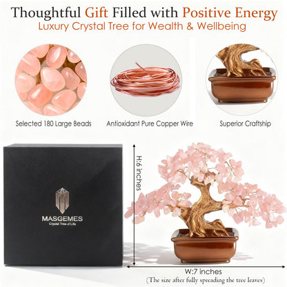 MASGEMES Rose Quartz Crystal Tree of Life Handmade Gemstone Bonsai Tree with 180 Large Chips Healing Crystal Feng Shui Tree for Love, Positive Energy & Home Office Decor (6 Inches)